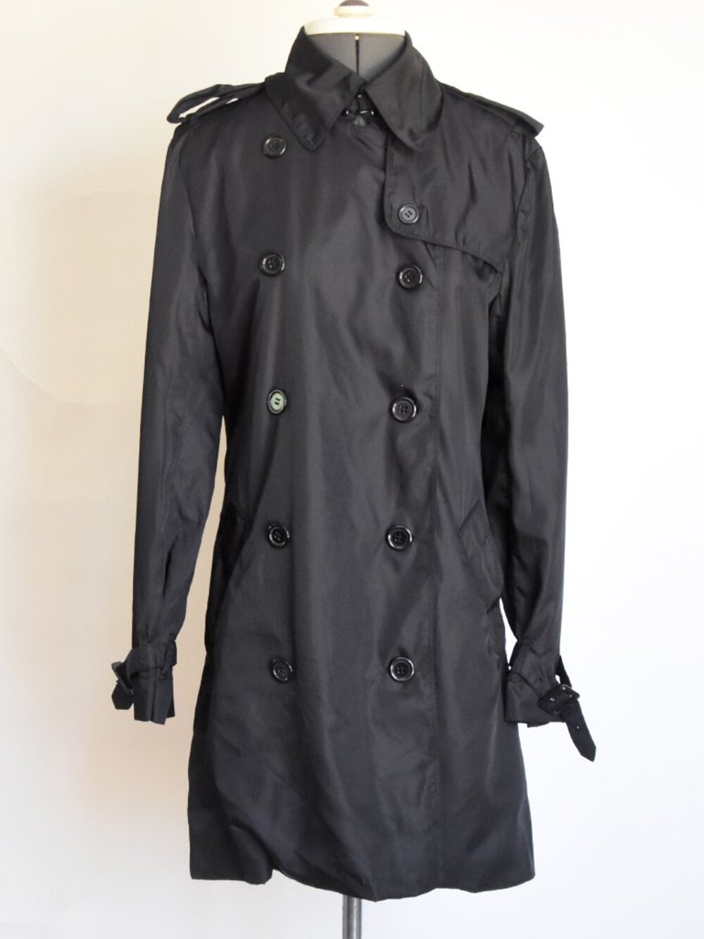 Norma Kamali Black Double Breasted Trench Coat Jacket XS Short Rain Mac